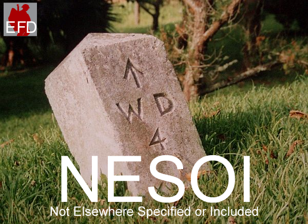 A stone inscribed WD below a broad arrow symbol, above the number four, one of hundreds of similar War Department Ordnance Survey Markers found in Bermuda.  The Survey Department was responsible for military maps and fortification surveys; the Ordnance Department's responsibilities included the supply of locomotives and rolling stock for use on railways in the United Kingdom, parts of the British Empire, and in theatres of conflict.  This marker is located beside the South Shore Road, near Spittal Pond, Smith’s Parish, Bermuda.  Photographer Seán Pòl Ó Creachmhaoil, April 2006.   Photo caption “NESOI  Not Elsewhere Specified or Included.”