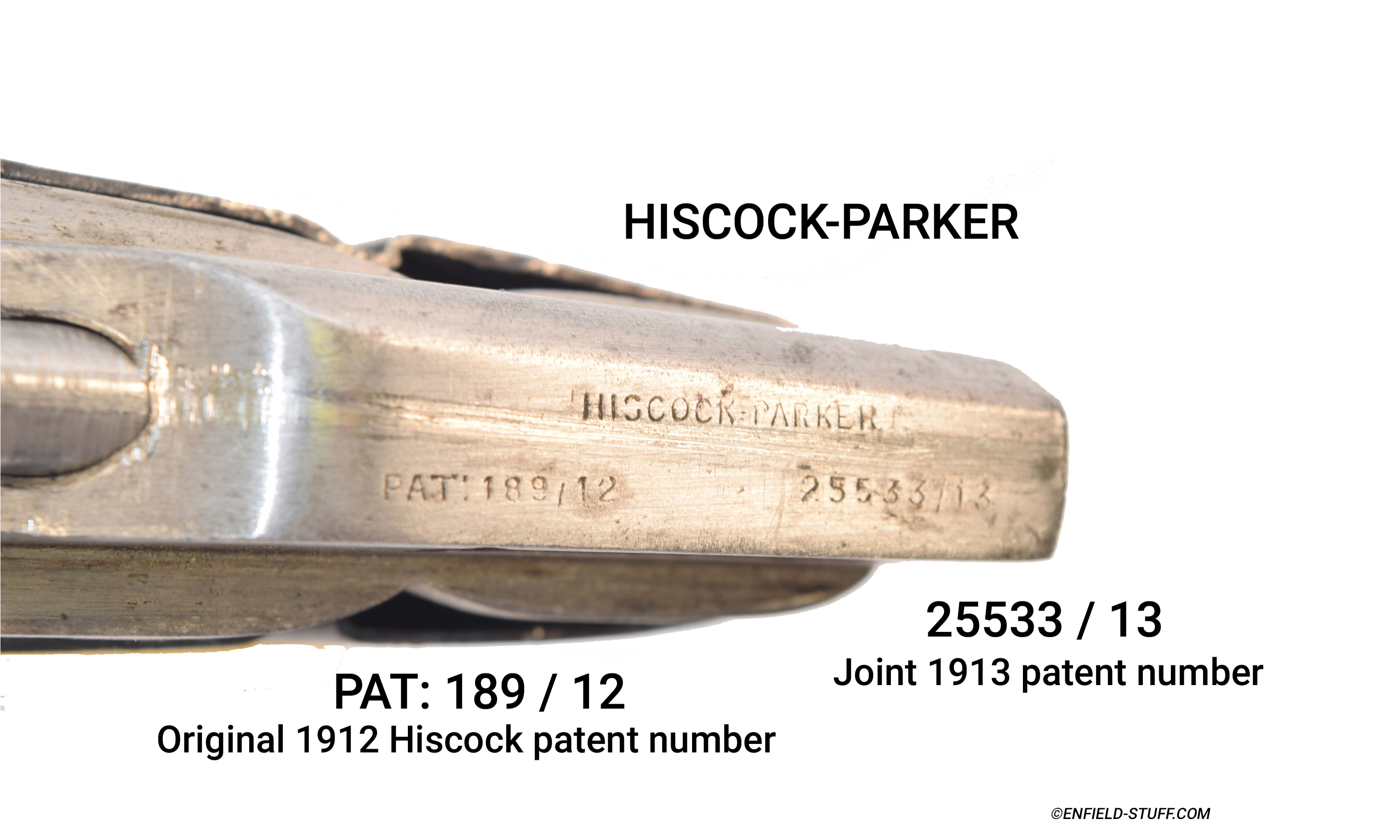 Photos of the patent numbers found atop the Parker-Hiscock Magazine with notes.