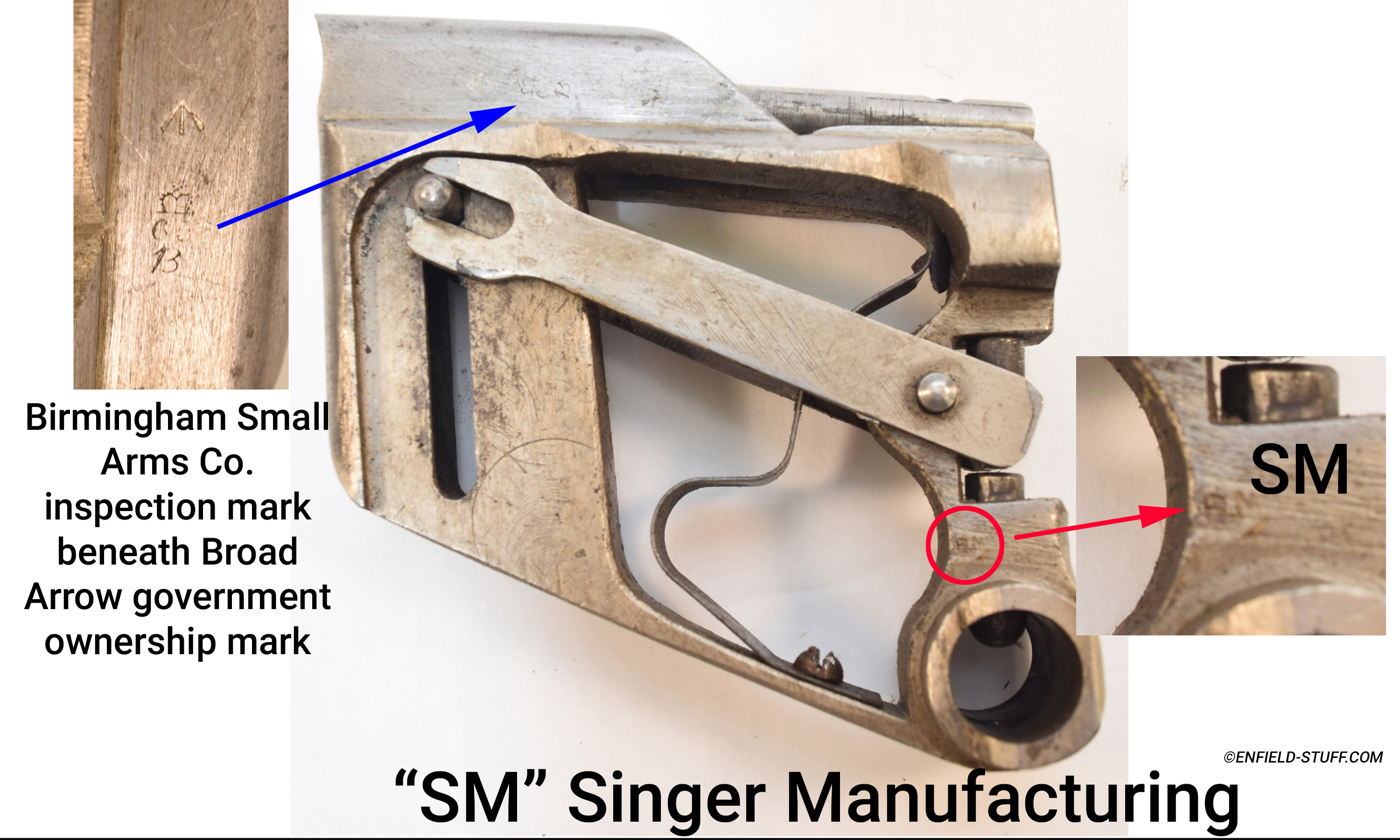 Photos of the inspection markings and Singer Manufacturing Co. (Glasgow, Scotland) manufacturing marks typically found on the Parker-Hiscock Magazine.